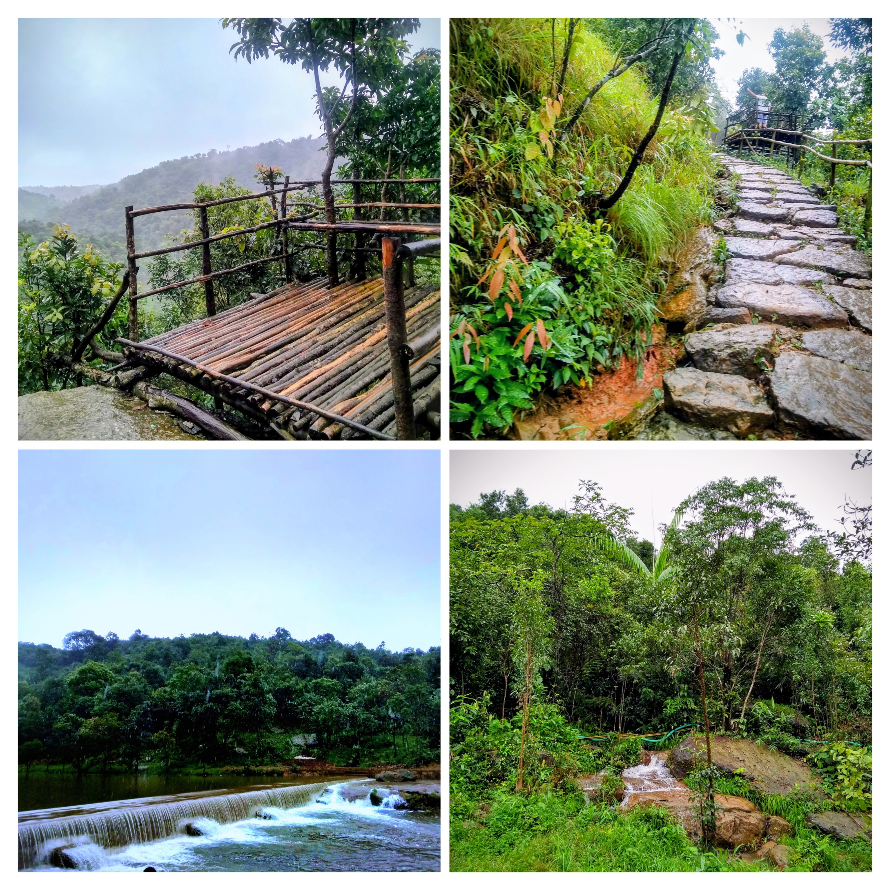 A four-image collage showing a bamboo viewpoint, a stone staircase path, a wide waterfall, and a small stream in a lush green jungle.